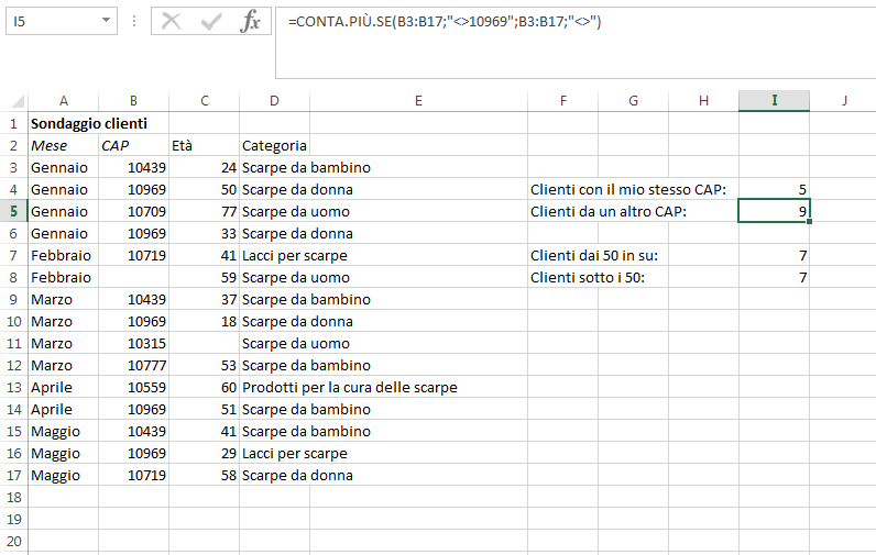 Screenshot di una tabella Excel con la funzione CONTA.PIÙ.SE