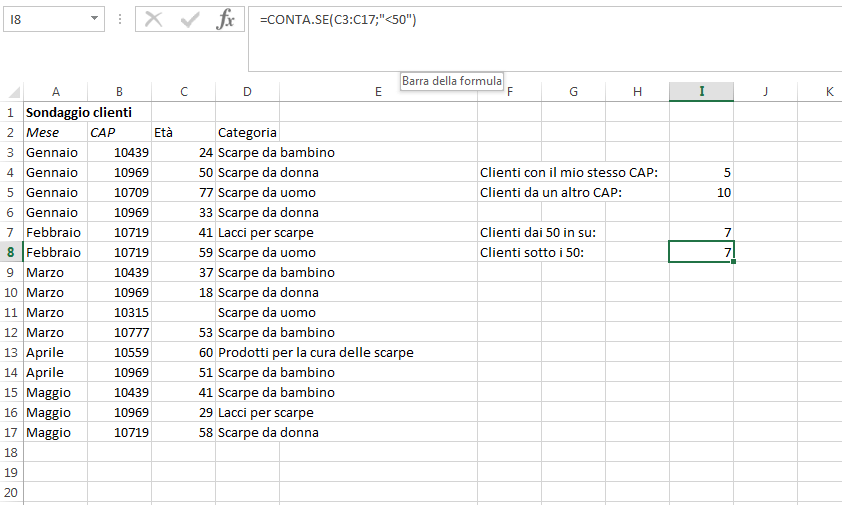 Screenshot di una tabella Excel con simboli di maggiore e minore nella funzione CONTA.SE