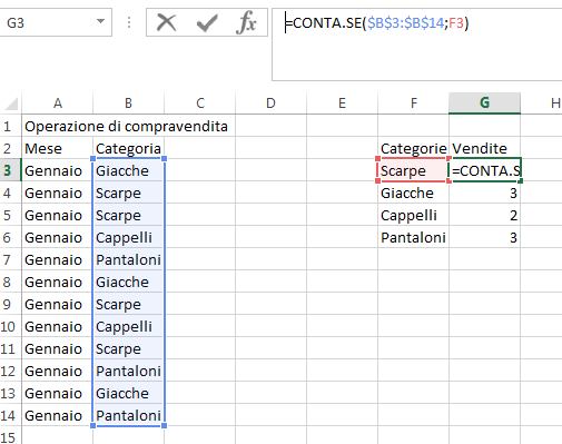 Screenshot di una tabella Excel con la funzione CONTA.SE
