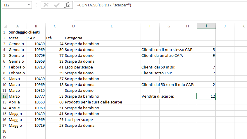 Screenshot di una tabella Excel con carattere jolly in una funzione CONTA.SE