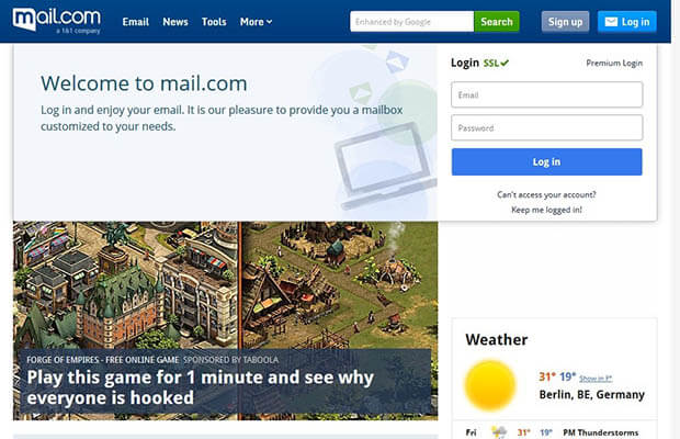 Screenshot della homepage di Mail.com