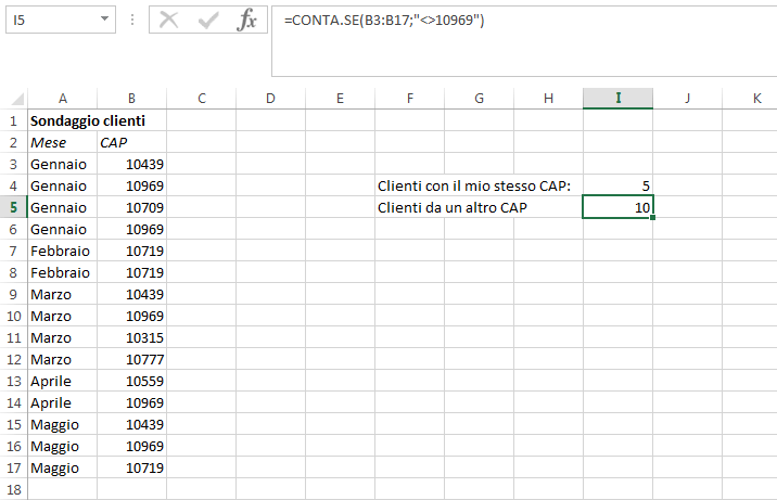 Screenshot di una tabella Excel in una funzione CONTA.SE diversa da