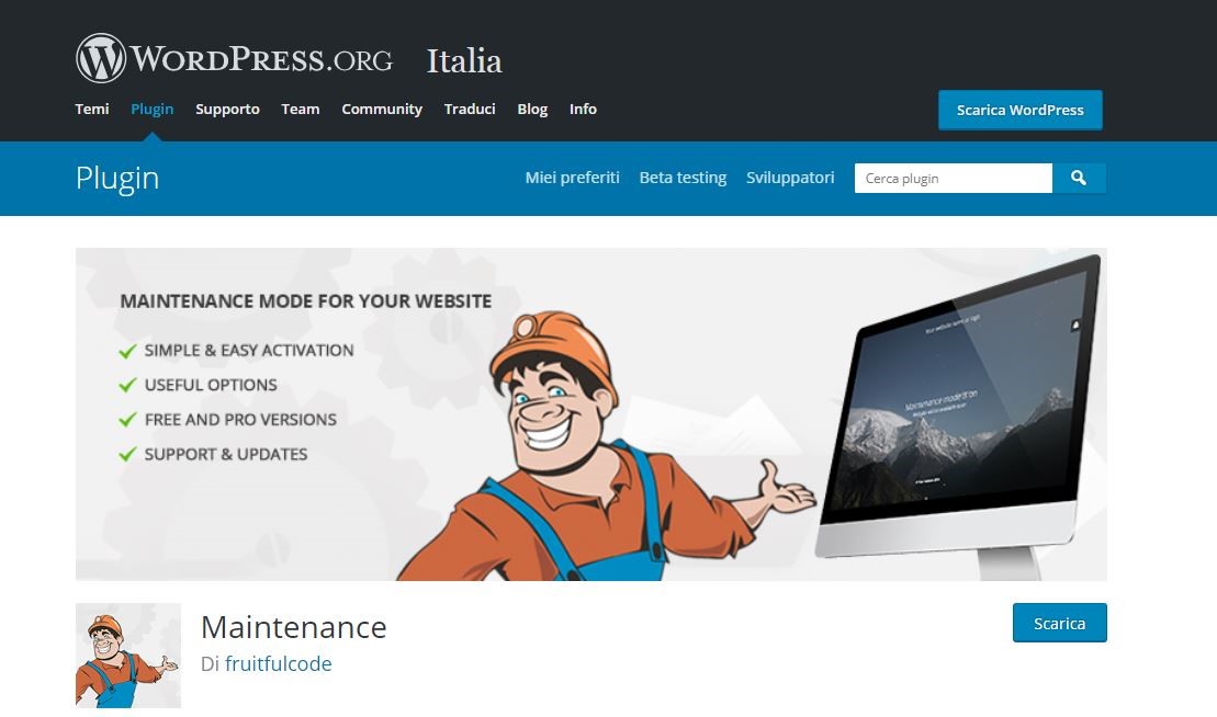 Pagina di download del plug-in di WordPress Maintenance