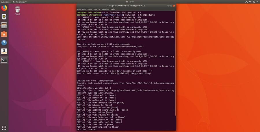 Sotto Ubuntu 17. “bin/solr – techproducts” inizia una demo con dati e configurazioni predefinite.