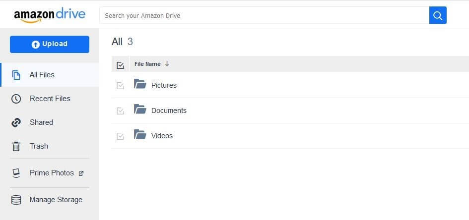 Interfaccia di Amazon Drive nel browser