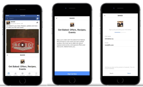 Annuncio Facebook di Baked NYC con testo, video e Call to Action, riprodotto su smartphone
