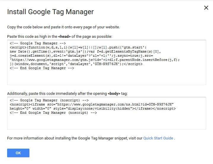 Campi di input per l’implementazione del codice su Google Tag Manager