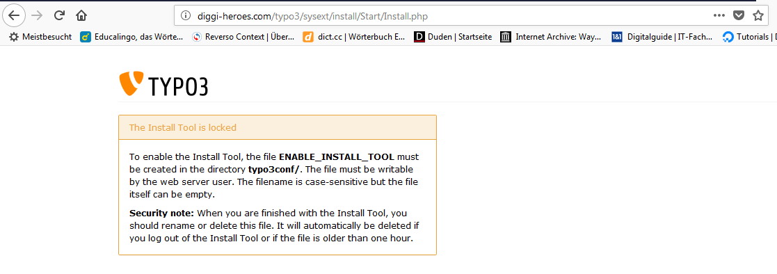Un messaggio di errore durante l'installazione di TYPO3 informa che l'installazione guidata non è avviabile