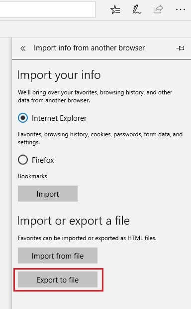 Menu di per importare ed esportare di Microsoft Edge