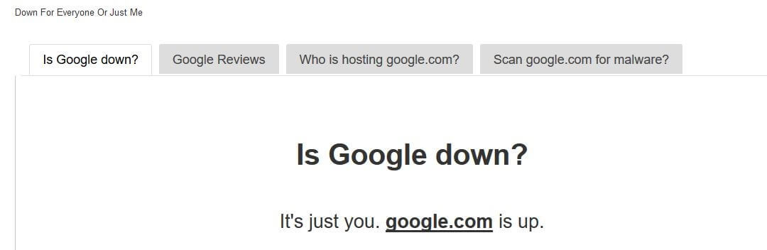 Tool online “Down For Everyone Or Just Me”: risultato per google.com
