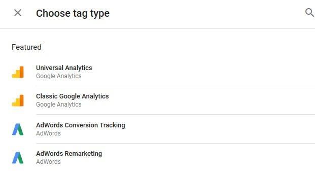 Scelta del tipo di tag su Google Tag Manager