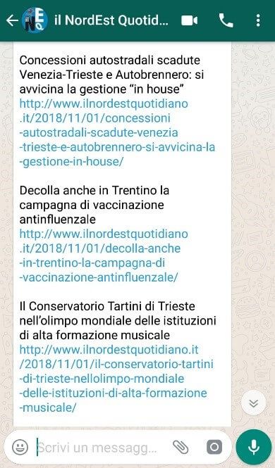 Screenshot della newsletter su WhatsApp de Il NordEst Quotidiano