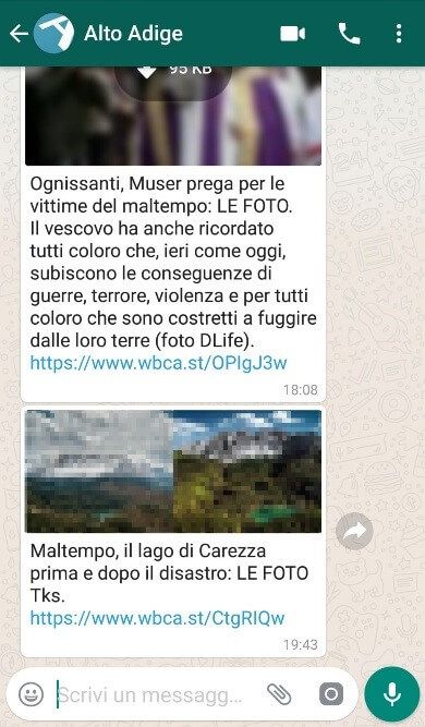 Screenshot della newsletter su WhatsApp di Alto Adige