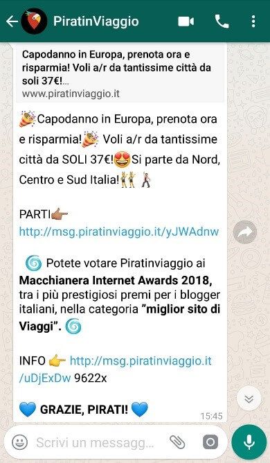 Screenshot della newsletter su WhatsApp di PiratinViaggio