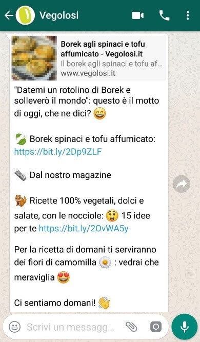 Screenshot della newsletter su WhatsApp di Vegolosi
