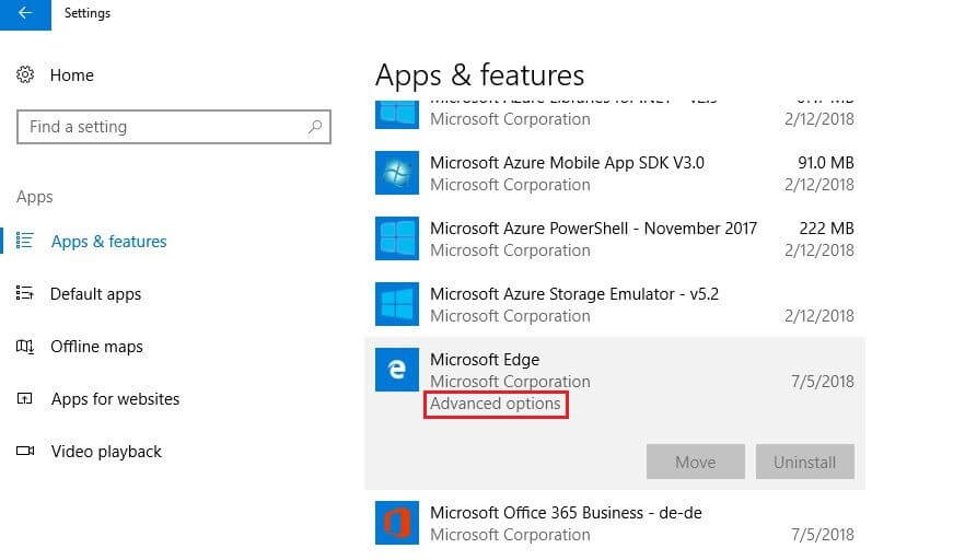 Windows 10: menu “Apps& features”