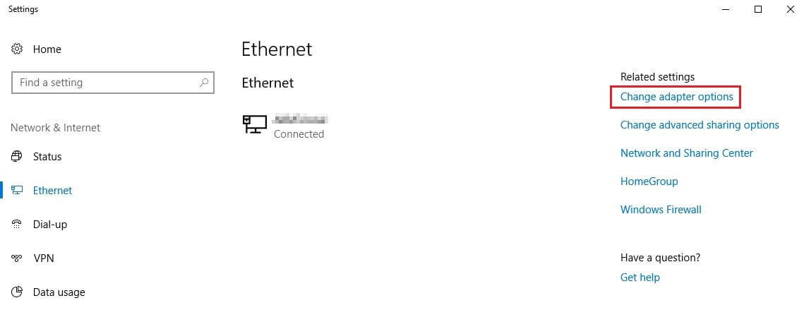 Impostazioni Ethernet su Windows 10