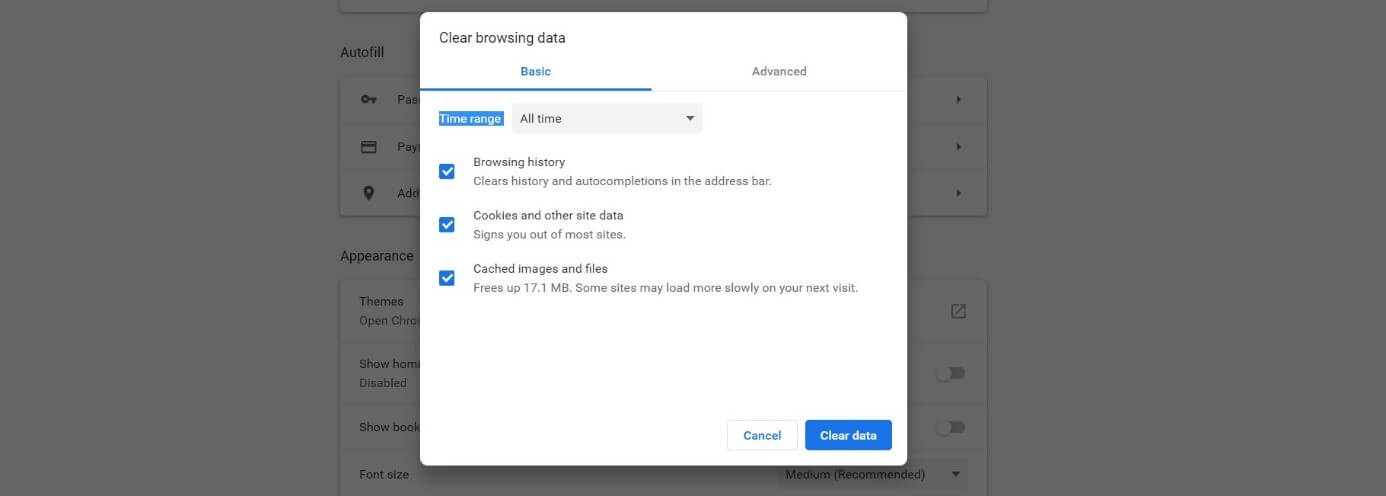 Finestra per l’eliminazione dei dati di navigazione in Google Chrome