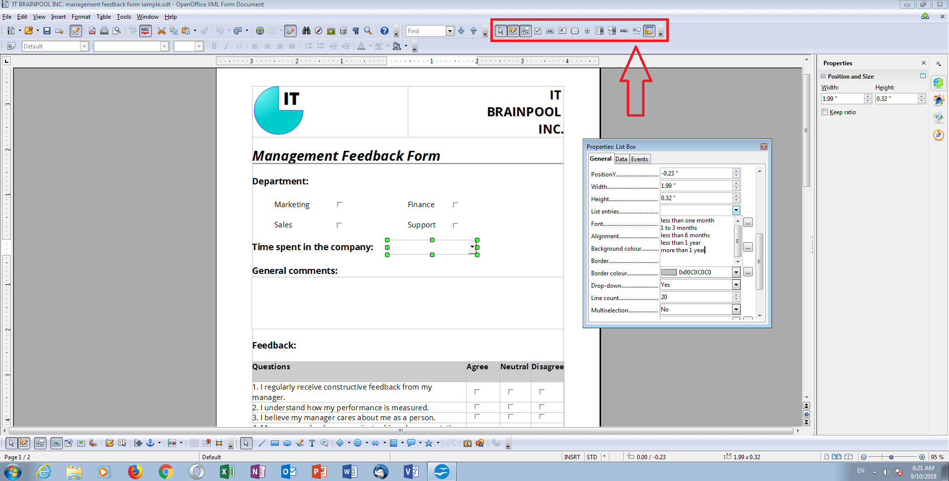 Esempio di un modulo di feedback in modalità di bozza in OpenOffice Writer