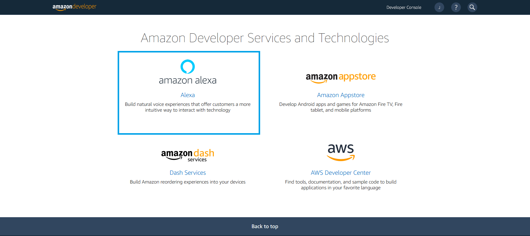 Console di Amazon Developer: schermata di riepilogo