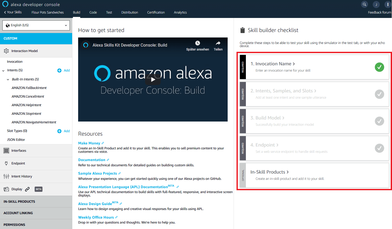 Console sviluppatori di Alexa: pagina di riepilogo della sezione Build
