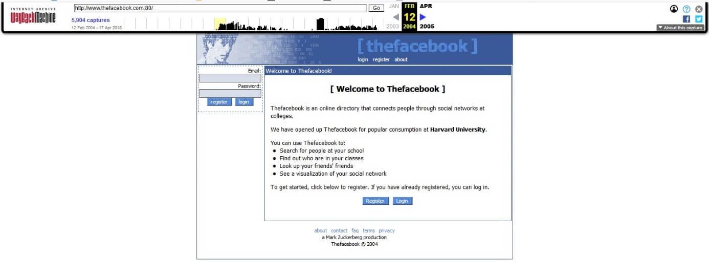 Pagina di login di Thefacebook del 12 febbraio 2004 in Wayback Machine