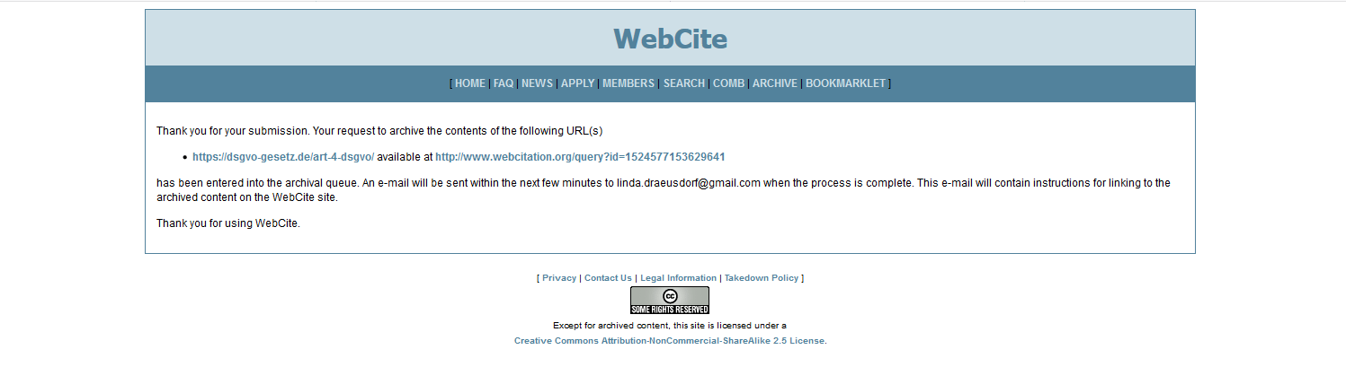 Messaggio di WebCite, la fonte è in coda per essere archiviata