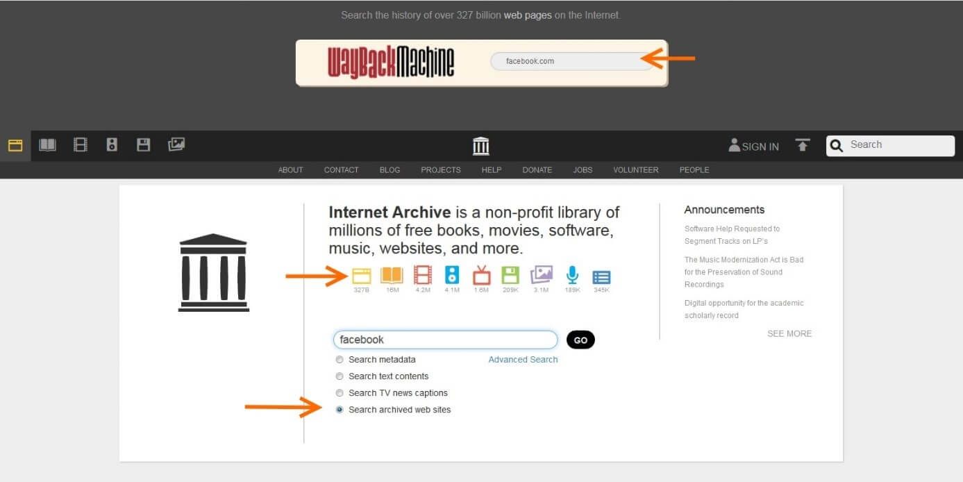 Homepage di archive.org con tre frecce indicanti le opzioni per la ricerca di vecchi siti