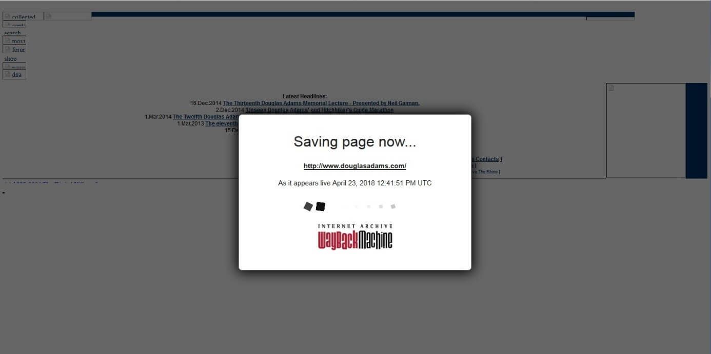 Pop-Up di Wayback Machine con testo “Saving page now…”, URL e marca temporale