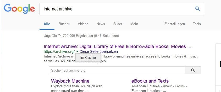 Risultati di ricerca tramite Google per “internet archive” con l’URL archive.org