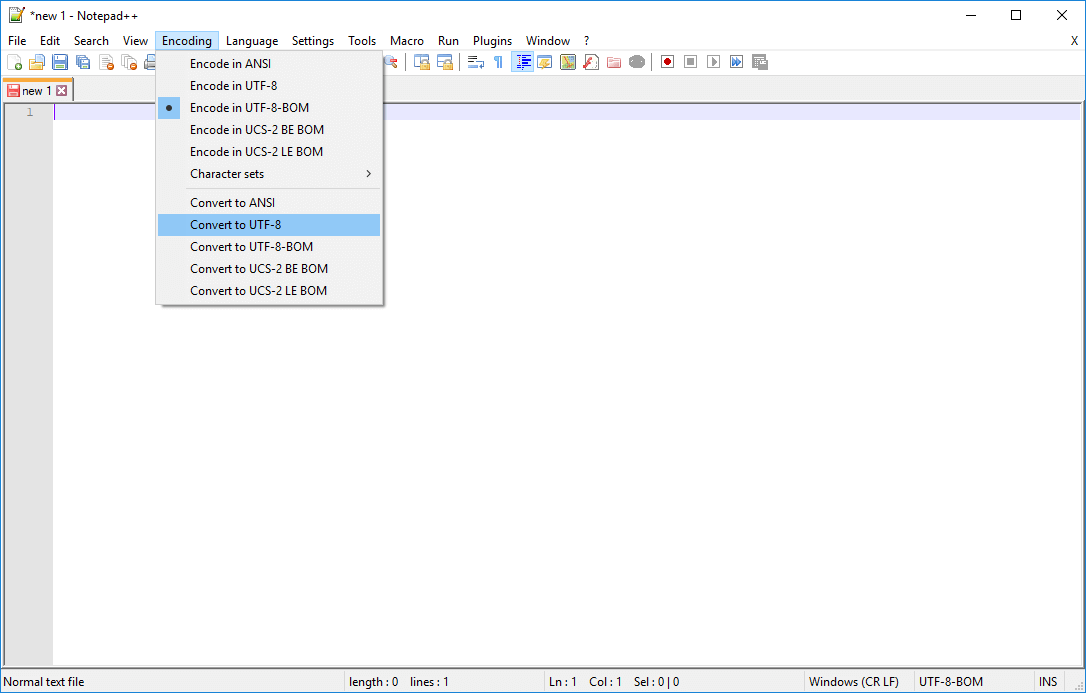 Variazione della codifica nel Notepad++ per eliminare il Byte Order Mark