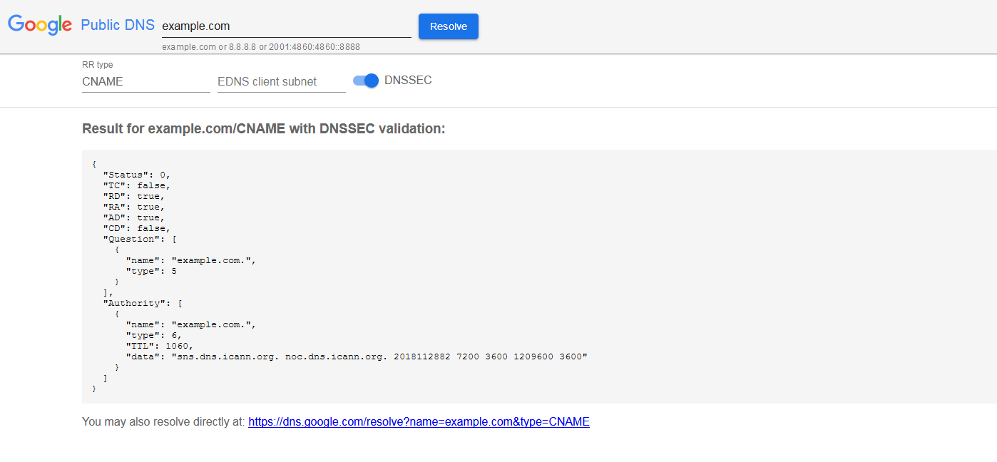 Verifica del CNAME con Google Public DNS