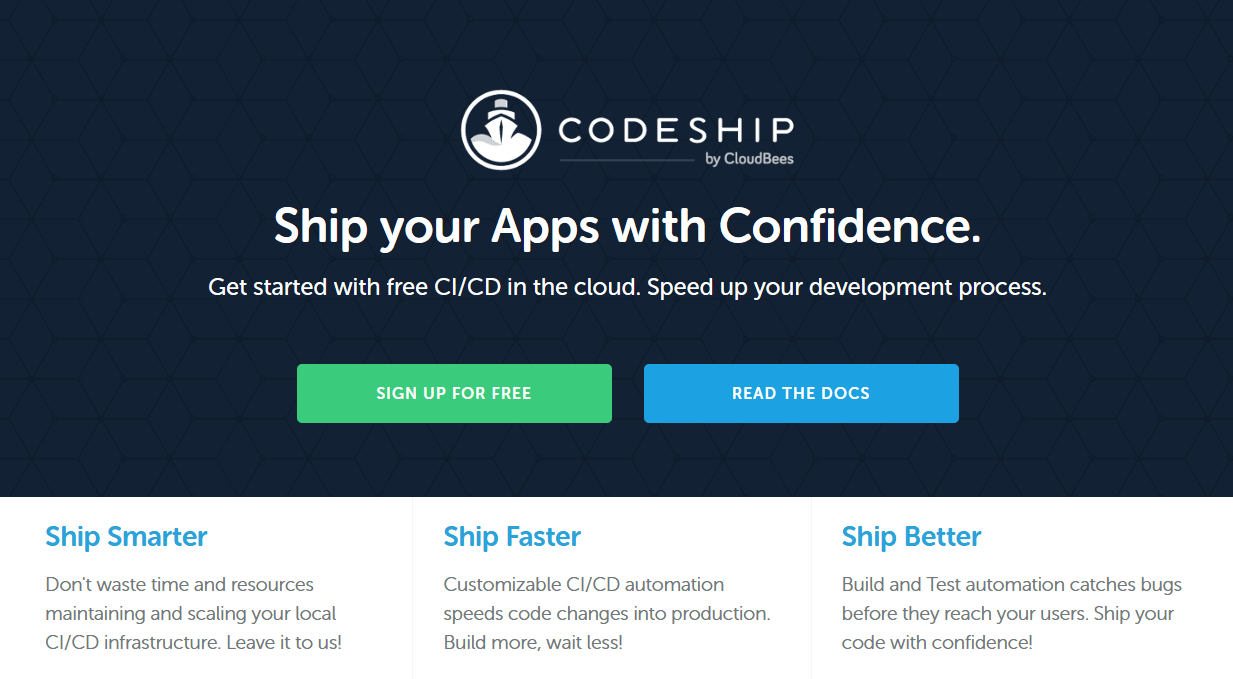 Screenshot della homepage di Codeship