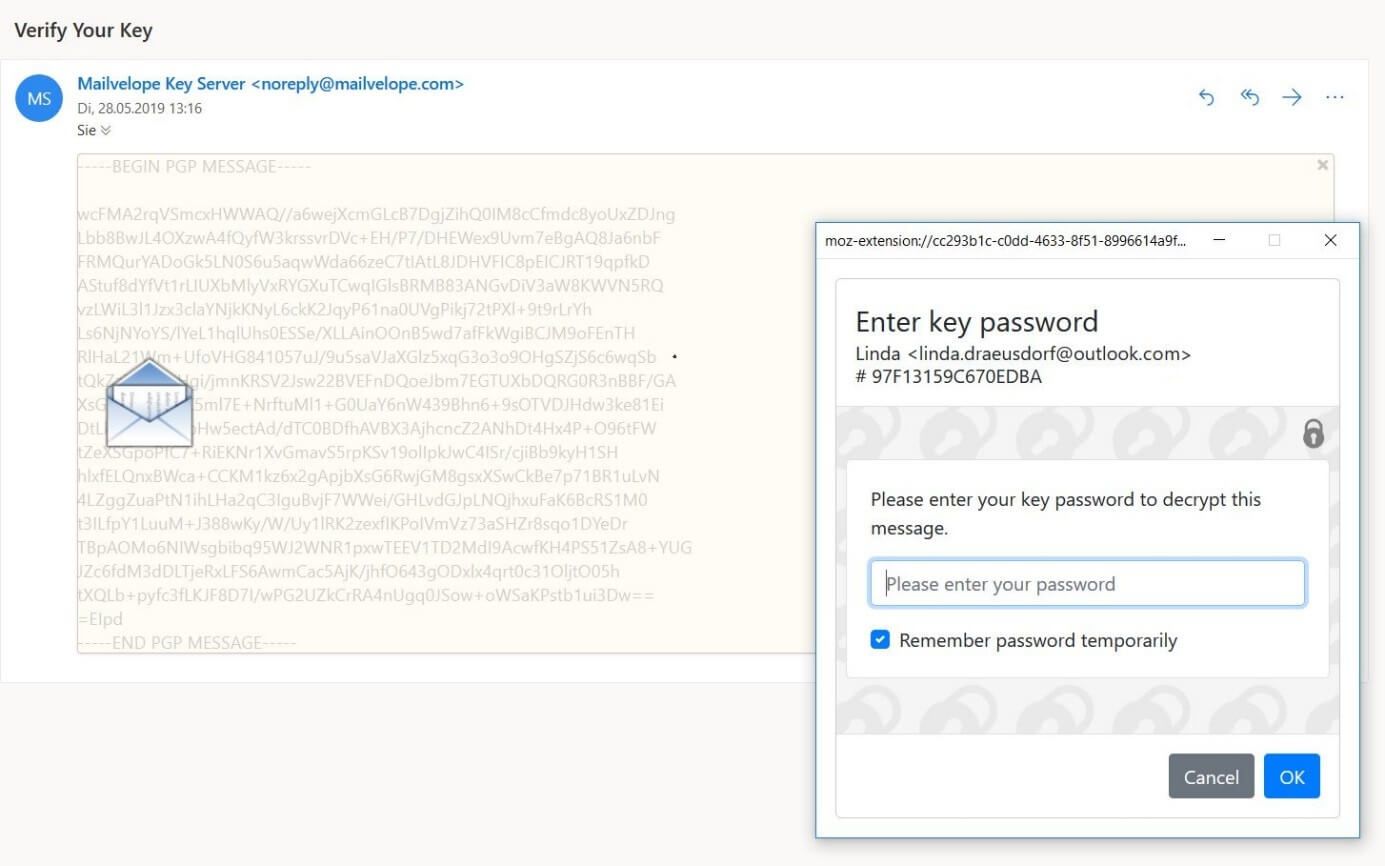 E-mail crittografata e finestra per inserire la password criptata