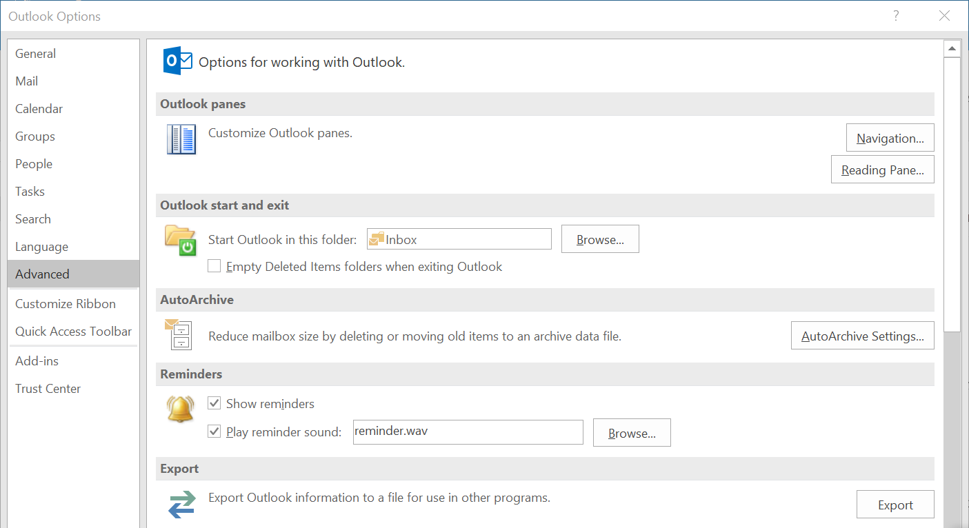 Microsoft Outlook 2016: opzioni Outlook
