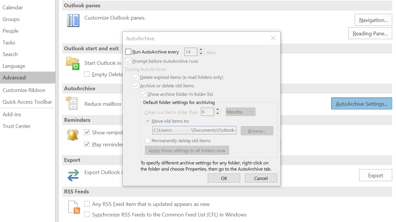 Microsoft Outlook 2016: finestra di dialogo “Archiviazione automatica”
