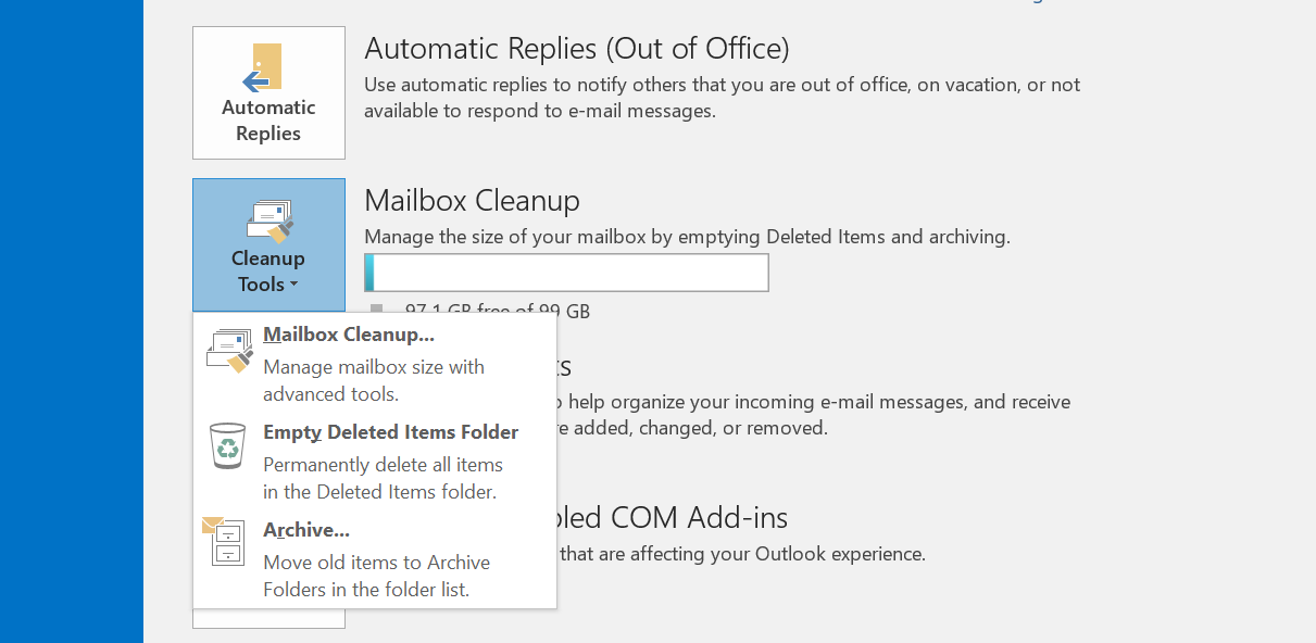 Microsoft Outlook 2016: scheda “File”, tasto “Strumenti di pulizia”