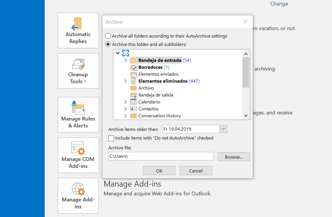 Microsoft Outlook 2016: finestra di dialogo “Archivia”
