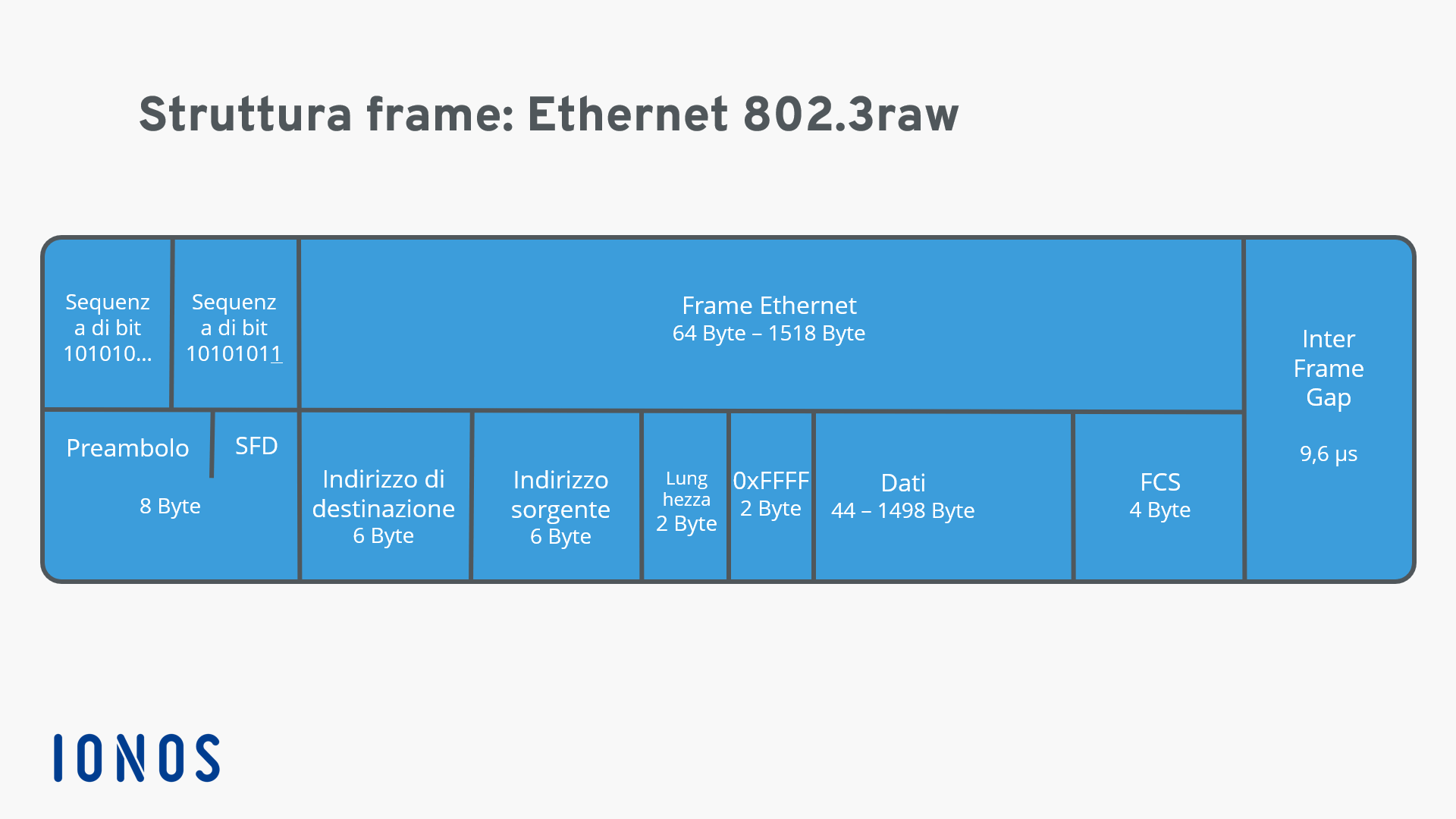 Rappresentazione di una struttura frame Ethernet 802.3raw