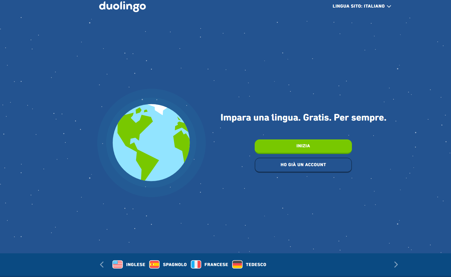 Screenshot dell’homepage in italiano di Duolingo