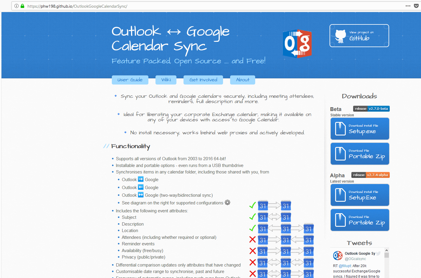 Sito del tool per la sincronizzazione Outlook Google Calendar Sync