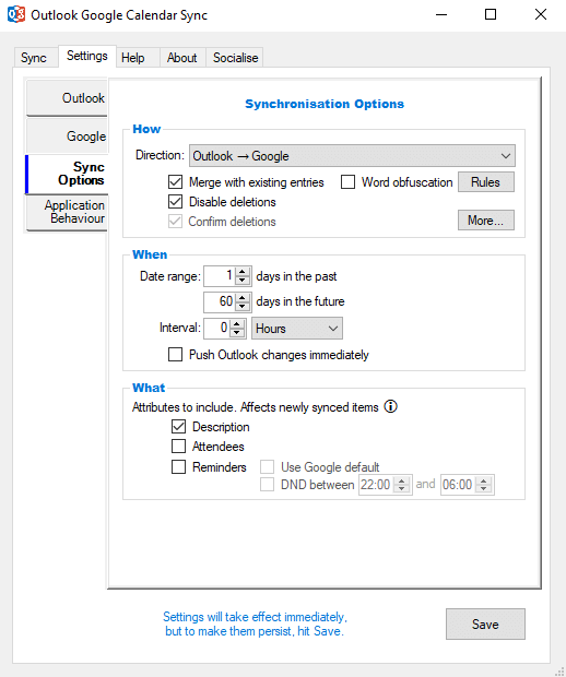 Outlook Google Calendar Sync: opzioni di sincronizzazione