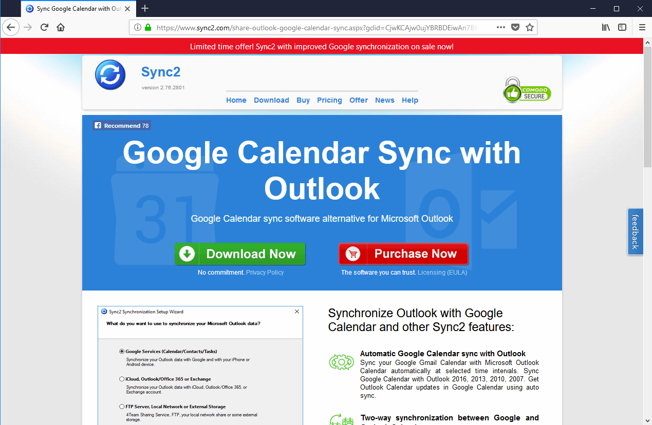 Sito web di Sync2: pagina di download