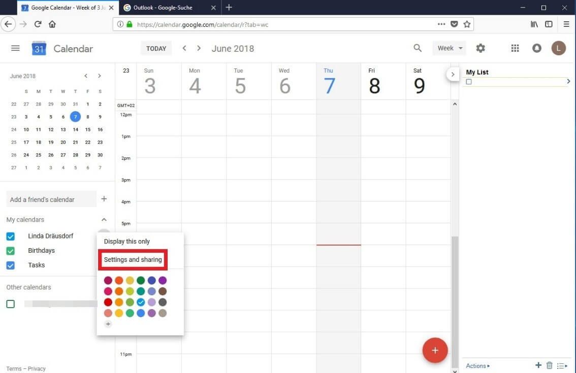 Google Calendar: menu “Impostazioni e condivisione”