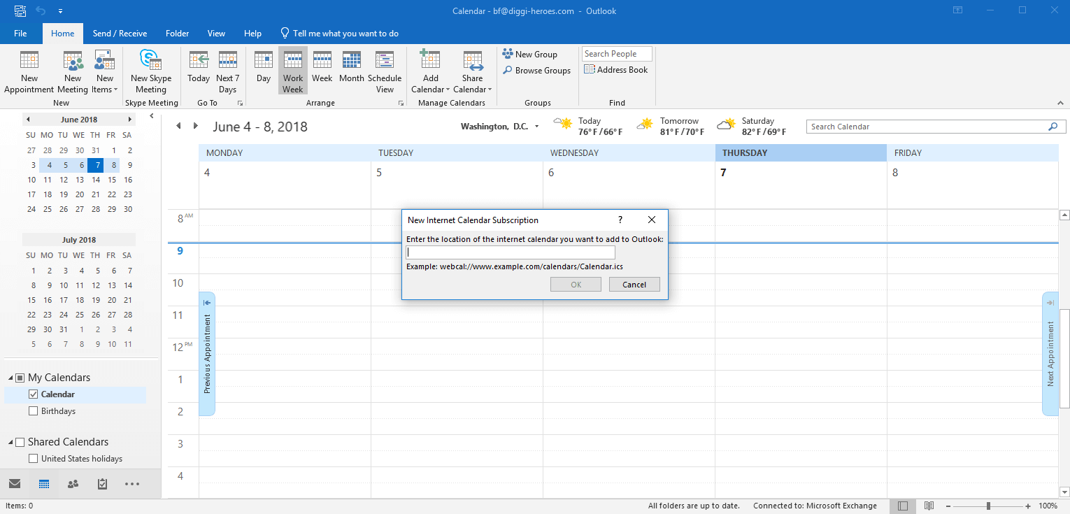 Desktop Client di Outlook: sottoscrivere un nuovo calendario da Internet