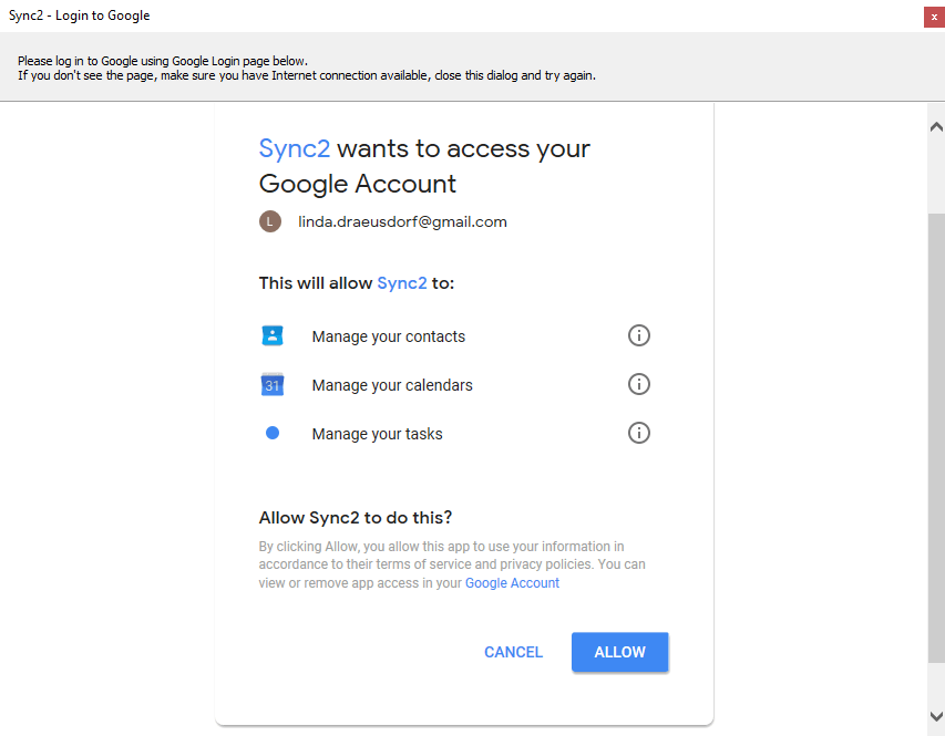 Sync2: login account Google