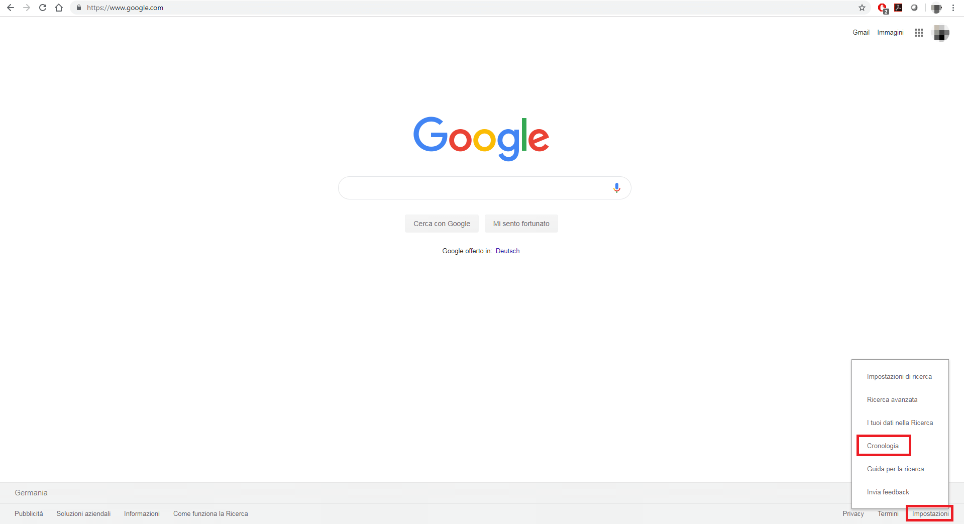 Homepage del motore di ricerca Google