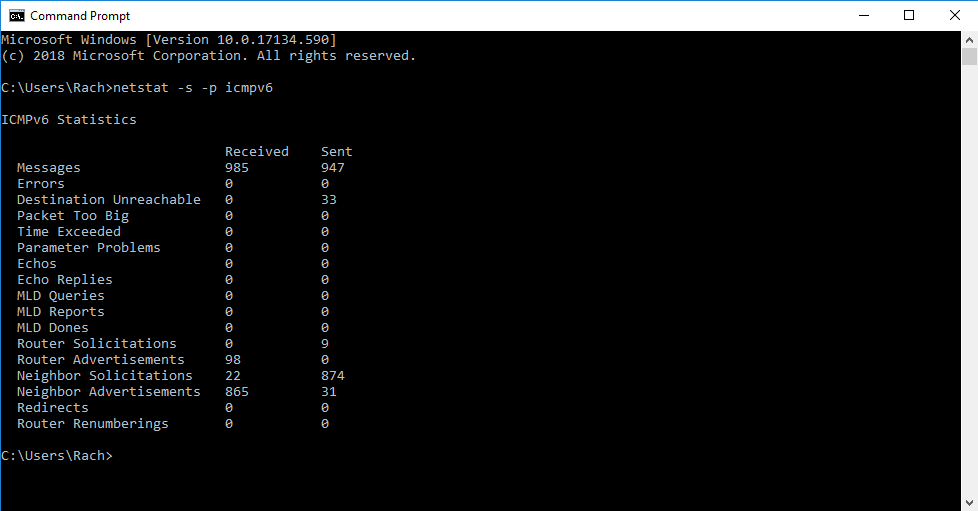 Statistica ICMPv6 nella riga di comando di Windows