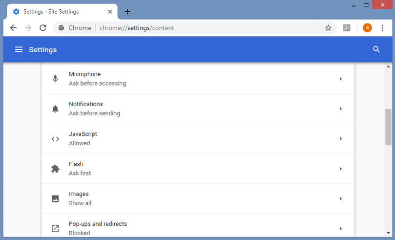 Google Chrome: Impostazioni contenuti