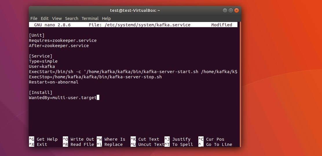 Terminale Ubuntu: file kafka.service nell’editor nano